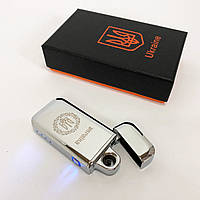Дуговая электроимпульсная USB зажигалка Герб Украины (индикатор заряда, фонарик) HL-442. YL-699 Цвет: серебро
