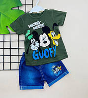 Детский летний комплект: джинсовые шорты и футболка с Микки на мальчика 1, 2, 4 года