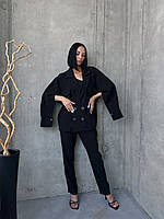 Елегантний жіночний шовковий костюм (штани + сорочка оверсайз рукава з розрізами) чорний