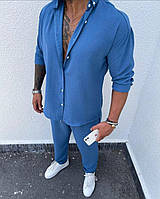 Чоловічий лляний костюм (штани + сорочка) джинс
