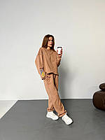 Стильный костюм (брюки с карманами+кофта с фиксатором по низу+вышивка КОЛОСКИ на рукавах) коричневый