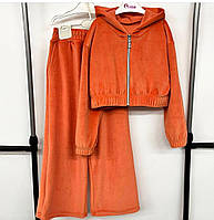 Весенний яркий велюровый костюмчик для девочки (свободные брюки+кофта на молнии) кирпичный