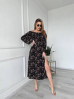 Женское длинное платье с разрезом Женское платье с длинным рукавом Нежное летнее платье цветочный принт MFLY