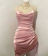 Атласне ідеальне плаття зі шнурівкою на спині та складкою на ліфі довжина регулюється рожевий