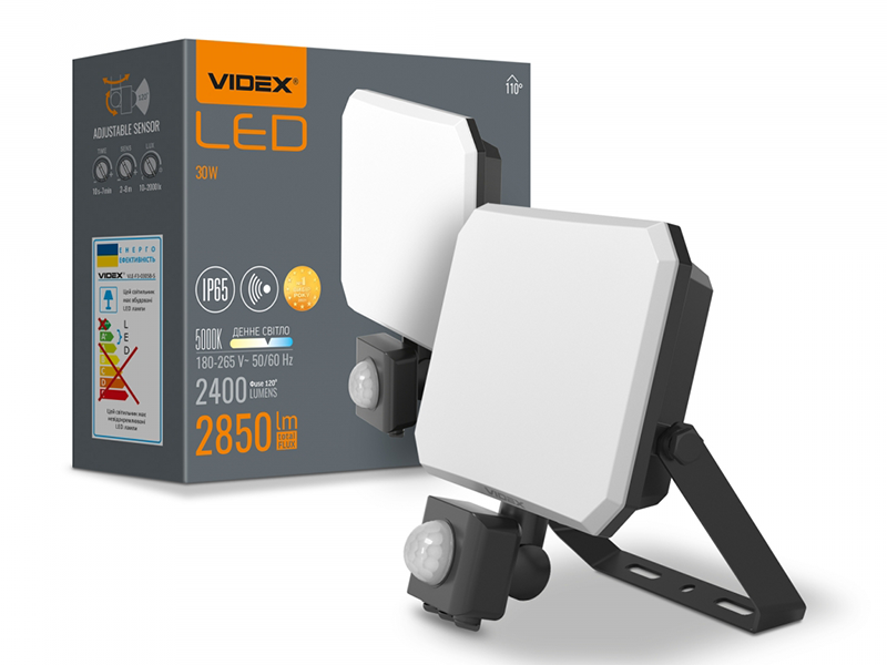 Прожектор світлодіодний F3 30W 5000K з датчиком руху 220V чорний. VIDEX VLE-F3-0305B-S