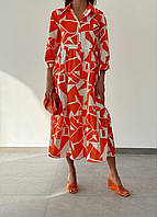 Красивое яркое платье полочка на пуговицах+волан по низу платья оранжевый