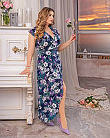 Яркое длинное красивое платье-халат в цветочный принт по лифу волан темно-синий в белый цветок