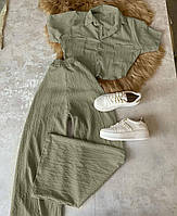 Трикотажний костюм (сорочка укорочена з короткими рукавами + штани кльош) оливка
