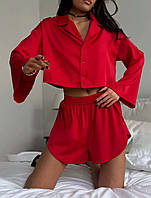 Шелковая пижама (свободные шорты+рубашка) красный
