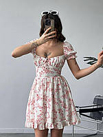 Ошатне літнє плаття з драпіруванням на грудях + спідницею з воланом штапель пудра квіточки