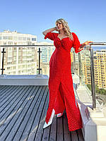 Женское красное платье в пол из софта в горох с завязками на груди