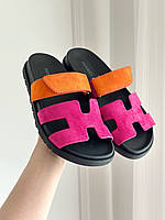 Женские розовые оранжевые кожаные замшевые шлепанцы Hermes Chypre эрмес Гермес кожа на плоской подошве