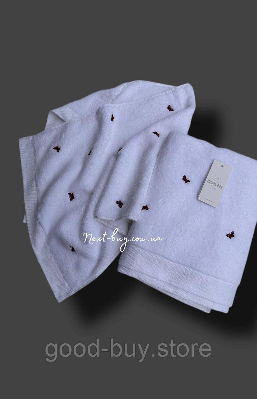 Махровий рушник банний Maison Dor Soft Butterflies white-red 85х150 бавовна