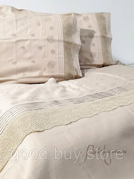 Maison D&#039;or Roesia Estee Beige постільна білизна євро 200х220 сатин з вишивкою