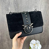 Женская мини сумочка клатч замшевая Pinko черная сумка на плечо натуральная замша Пинко птички BuyIT Жіноча