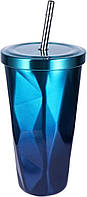Металлический стакан с трубочкой Diamond 500 мл, градиент синий