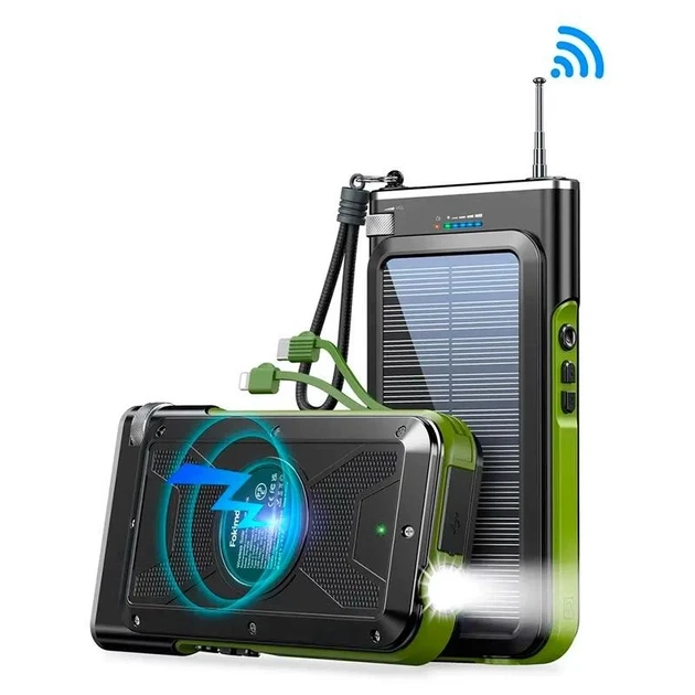 Портативний зарядний пристрій УМБ Solar Power Bank FM radio Wireless charger 20000mAh PN-W26 IPX4 |1USB/Type-C, 15W/3A, Qi| Чорний