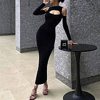 Гарне плаття максі з вирізом + довгими плечима чорний