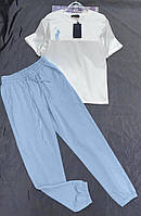 Летний брючный костюм (брюки высокая посадка+футболка с коротким рукавом) голубой
