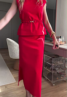 Женственный костюм под пояс (кофта без рукавов+юбка макси с боковыми разрезами) красный