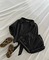 Летний легкий костюм жатка ( шорты+укороченная рубашка) черный