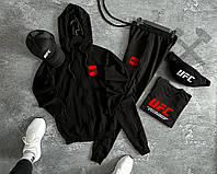 Мужской летний спортивный костюм UFC 4в1 черный комплект штаны, кофта, футболка, бананка и бейсболка