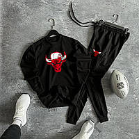 Мужской весенний черный спортивный костюм Chicago Bulls Модный комплект свитшот и штаны из двунитки