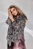 Ніжна шифонова блуза батал, блузка в квіточку, стильна подовжена батальна блуза, модна блуза батал