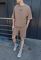 Базовый летний комплект футболка шорты стаф светло-коричневая оверсайз Staff Seli Базовий літній комплект