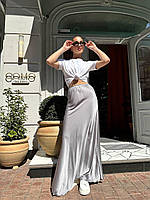 Стильна жіноча спідниця максі графіт, молодіжна модна довга легка спідниця якісний шовк армані преміум