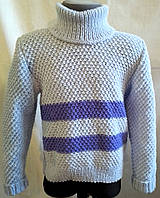 Теплый стильный вязанный голубой свитер, ручной работы, на мальчика и девочку 8-9 лет, рост 128-134 см