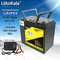 LiitoKala 12.8V 100Ah LiFePO4 литий железо фосфатный аккумулятор с LCD екраном и зарядным устройством 20А