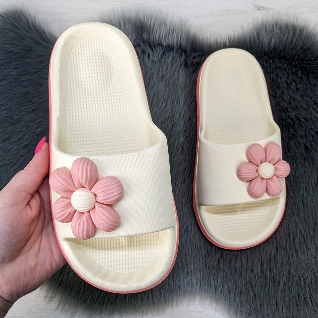 Шльопанці жіночі сланці пінкові молочні з квіткою 4504