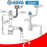 Сифон для мийки з розбірним випуском 70 мм з переливом вихід гнучка труба 40/50 мм з пробкою NOVA 1036N, фото 2