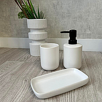 Набор для ванной из 3 предметов белого цвета (мыльница, дозатор, стакан) керамика