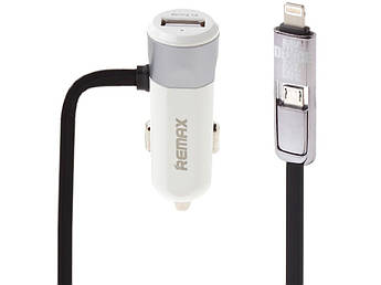 Зарядний пристрій Remax USB + вбудований кабель Lightning/Micro-USB RCC102