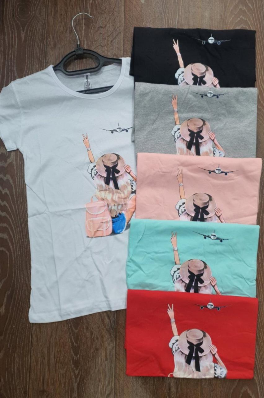 Футболка жіноча бавовняна "Дама та літак" Туреччина розмір S-L (від 3 шт.)