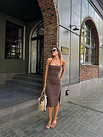 Кофейное коричневое романтичное летнее женское обтягивающее платье с открытой спиной шнуровкой и разрезом на ноге 44/46