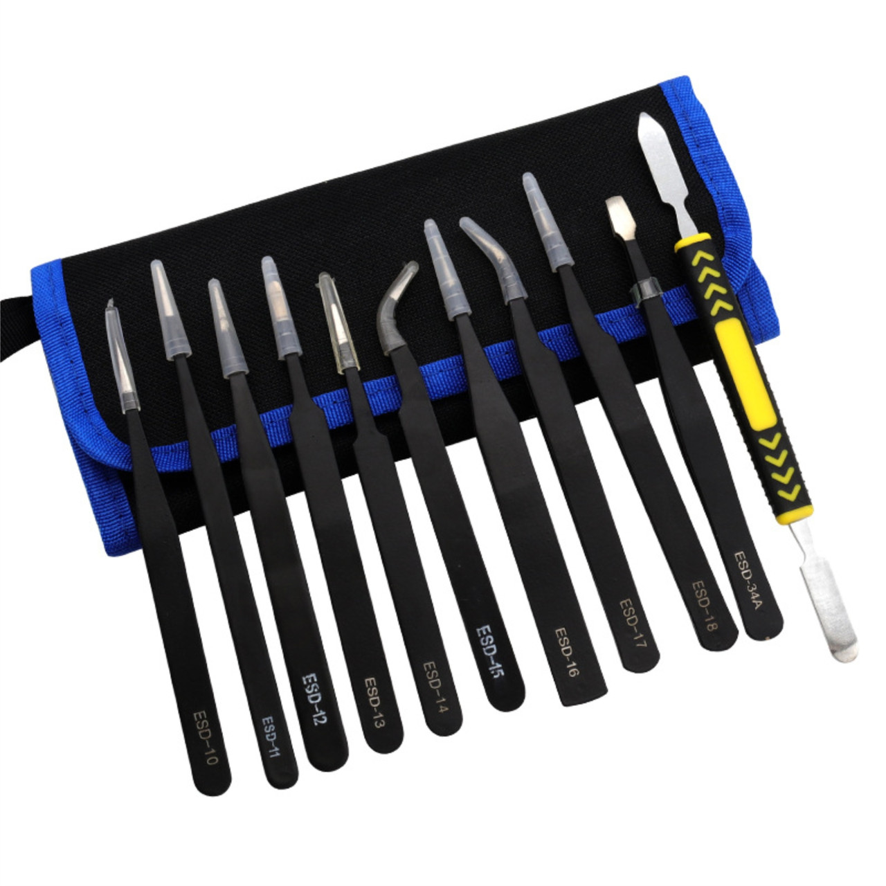 Набір антистатичних інструментів - 10 пінцетів і 1 сталевий шпатель - Прецизійні інструменти, фото 1