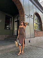 Кофейное коричневое романтичное летнее женское обтягивающее платье с открытой спиной шнуровкой и разрезом на ноге 44/46
