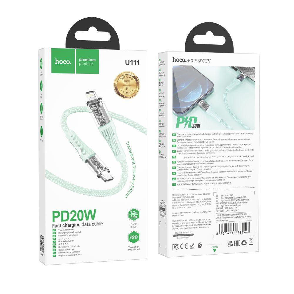 Кабель USB Hoco U111 Transparent Discovery Edition PD20Wt Type C to Lighting (Зелений)