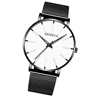 Наручные часы Geneva Fashion Black сетчатый ремешок минималистичные кварцевые часики мужские/женские (унисекс)