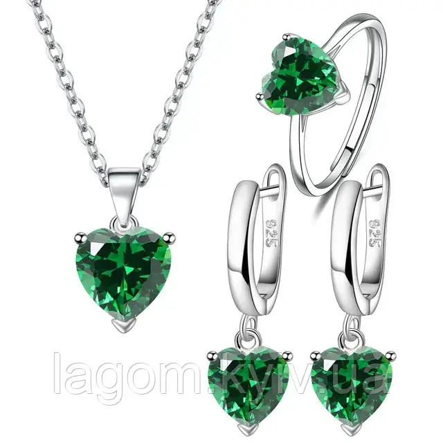 Жіночий срібний комплект прикрас з зеленим сердечком 925 проби Green Heart Set сережки, підвіска, кільце