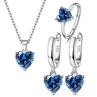 Женский комплект ювелирных изделий с синим цирконом Blue Heart серебро 925 пробы серьги, подвеска, кольцо