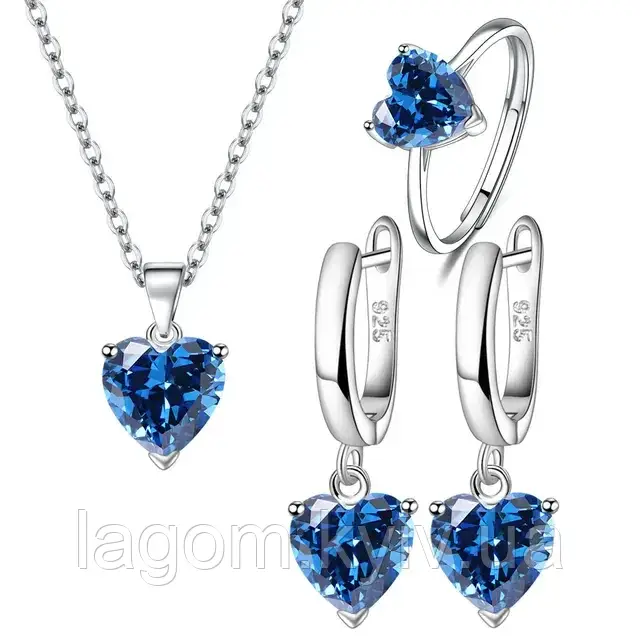 Жіночий срібний комплект прикрас з блакитним сердечком 925 проби Blue Heart Set сережки, підвіска, кільце