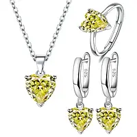 Женский комплект ювелирных изделий с жёлтым цирконом Yellow Heart серебро 925 пробы серьги, подвеска, кольцо