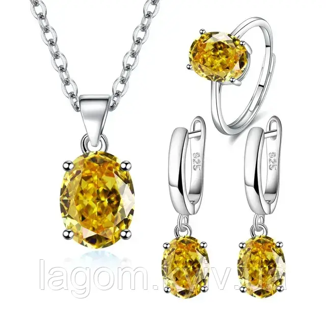 Комплект срібних прикрас Ellipse Set срібло 925 проби янтарні сережки, підвіска, кільце, фото 1
