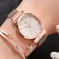 Женские наручные часы розовые Tadi Rose Gold Pink + браслет, сетчатый ремешок минималистичные кварцевые часы