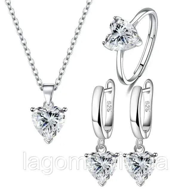 Жіночий срібний комплект прикрас з сердечком 925 проби Crystal Heart Set сережки, підвіска, кільце