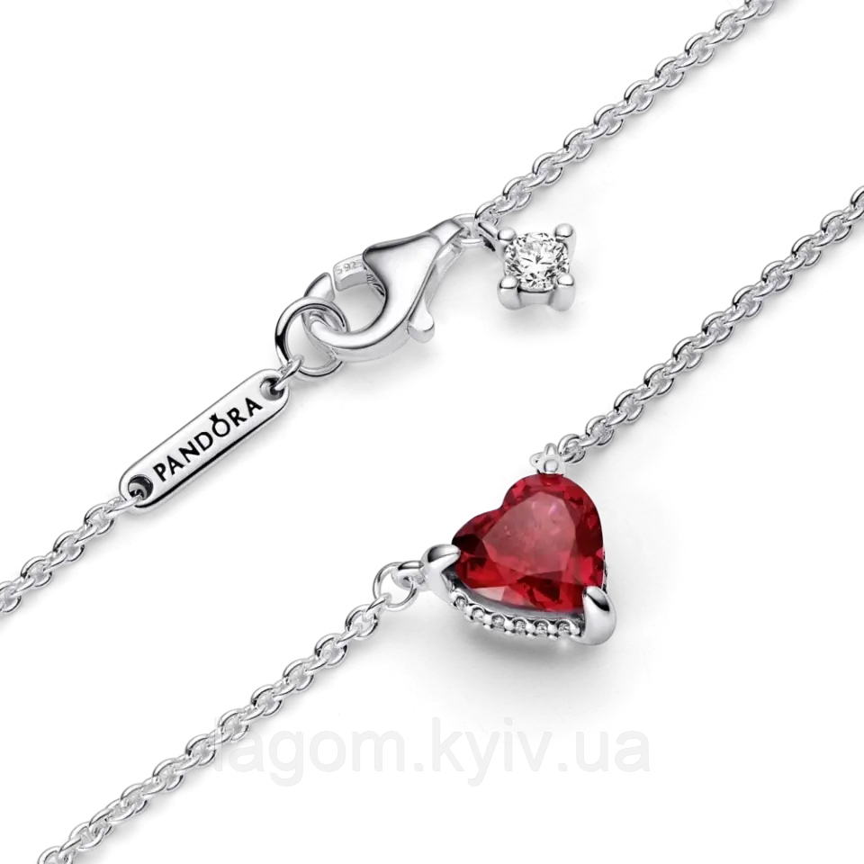 Срібне намисто в стилі PANDORA "Блискуче червоне серце" 925 проба кольє кулон ПАНДОРА, фото 1